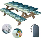 Stretch Tablecloth with Bench Covers & Carrying Bag - Waterproof Polyester Picnic Table Cover Set for Outdoor Patio Furniture