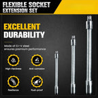 Flexible Socket Extension Bar Set – Bendable Ratchet Wrench Extensions for Tight Spaces, Carbon steel Automotive Repair Tool Kit