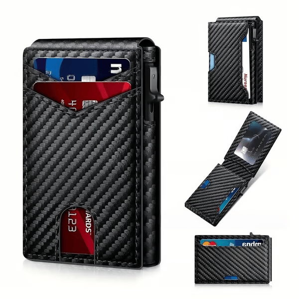 💼🔒Premium Aluminum RFID Blocking Minimalist Wallet for Men - Pop-Up Card Access, ID Window