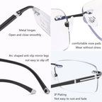 Diamond Edge Frameless Glasses – Blue Light Blocking Clear Readers for Men & Women. Lightweight Metal Temple Decor, Ideal for Gaming, Office, or Street Style.