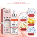 5-in-1 facial serum with packaging and ingredient illustrations on a pink background