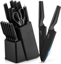 E-far Knife Set, 15-Piece Kitchen Knife Block Set with Sharpener, High Carbon Steel Chef Paring Steak Knives with Ergonomic Non-Slip Handle, Anti-Rust & Razor Sharp, Black