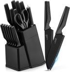 E-far Knife Set, 15-Piece Kitchen Knife Block Set with Sharpener, High Carbon Steel Chef Paring Steak Knives with Ergonomic Non-Slip Handle, Anti-Rust & Razor Sharp, Black