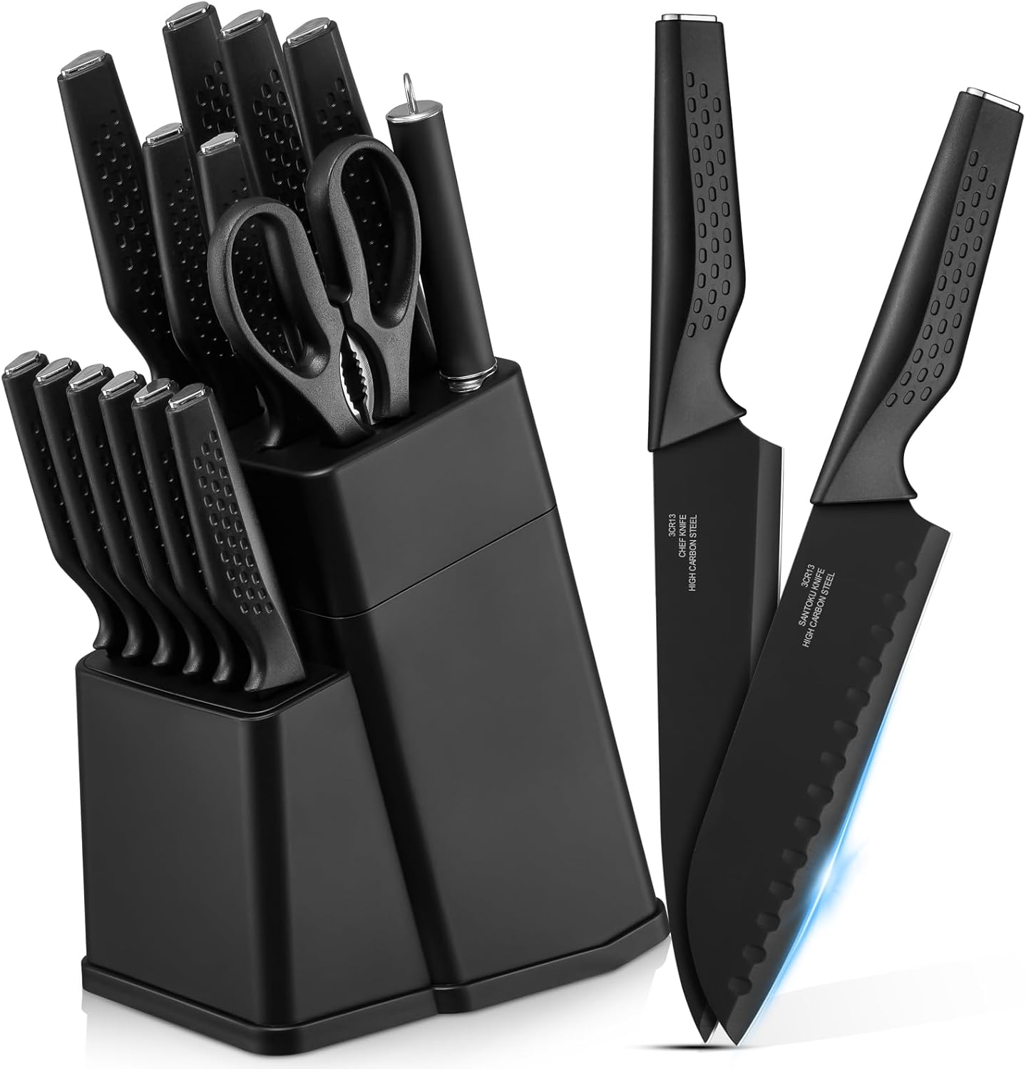 E-far Knife Set, 15-Piece Kitchen Knife Block Set with Sharpener, High Carbon Steel Chef Paring Steak Knives with Ergonomic Non-Slip Handle, Anti-Rust & Razor Sharp, Black