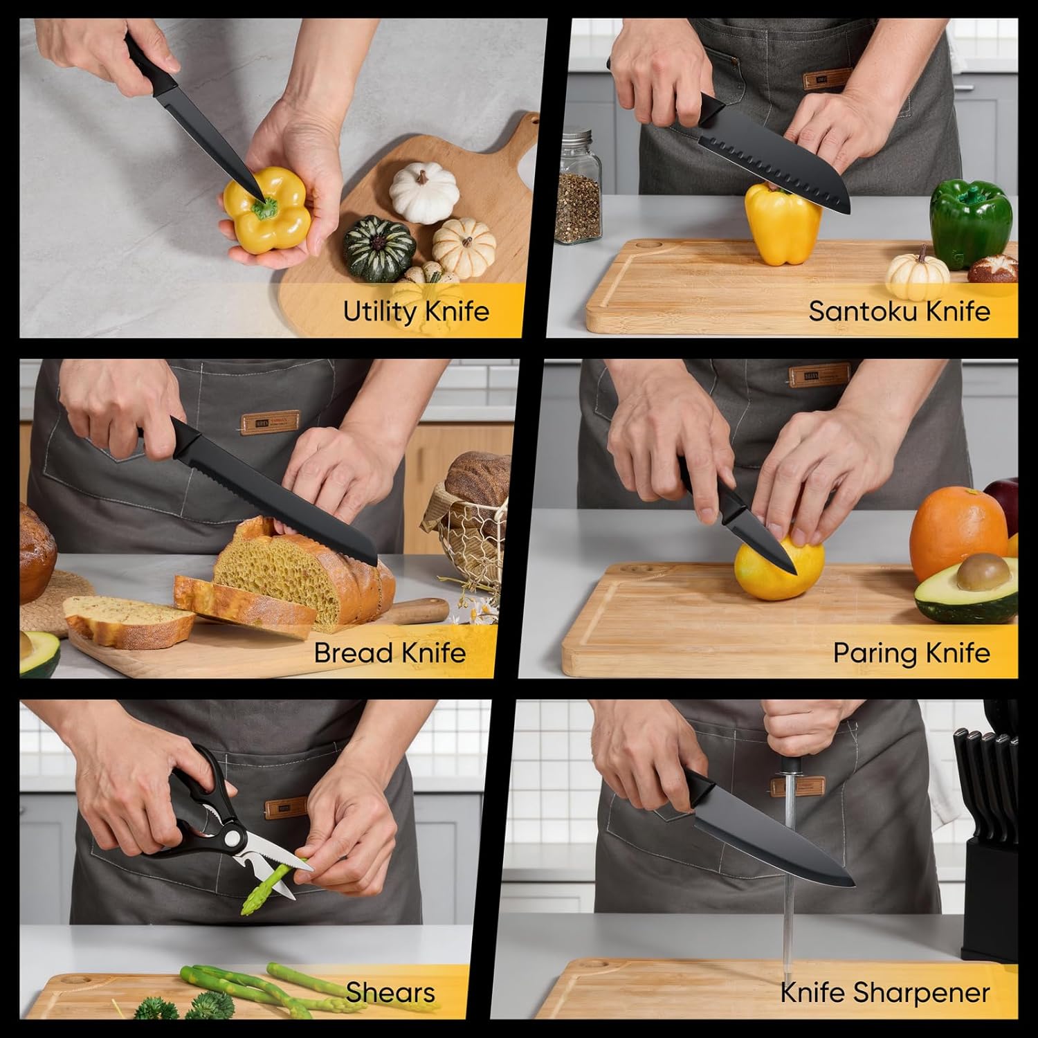 E-far Knife Set, 15-Piece Kitchen Knife Block Set with Sharpener, High Carbon Steel Chef Paring Steak Knives with Ergonomic Non-Slip Handle, Anti-Rust & Razor Sharp, Black