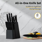 E-far Knife Set, 15-Piece Kitchen Knife Block Set with Sharpener, High Carbon Steel Chef Paring Steak Knives with Ergonomic Non-Slip Handle, Anti-Rust & Razor Sharp, Black