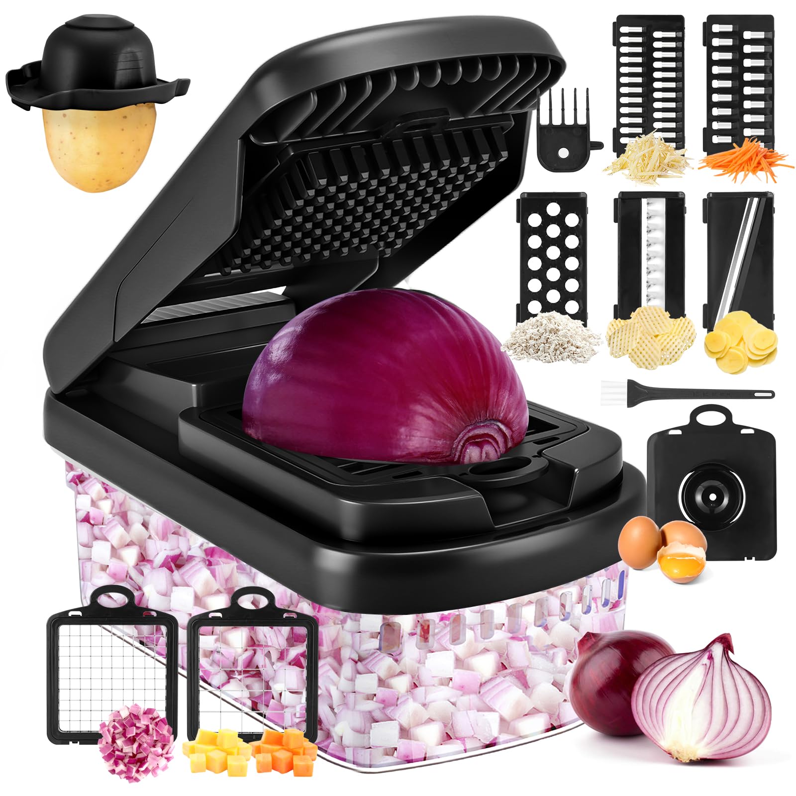 Yusshn Vegetable Chopper,12-in-1 Multifunctional Food Chopper,Professional Onion Chopper with 7 Blades,Vegetable Cutter with Container for Salad,Potato,Carrot,and Garlic; Essential Kitchen Tool(Grey)
