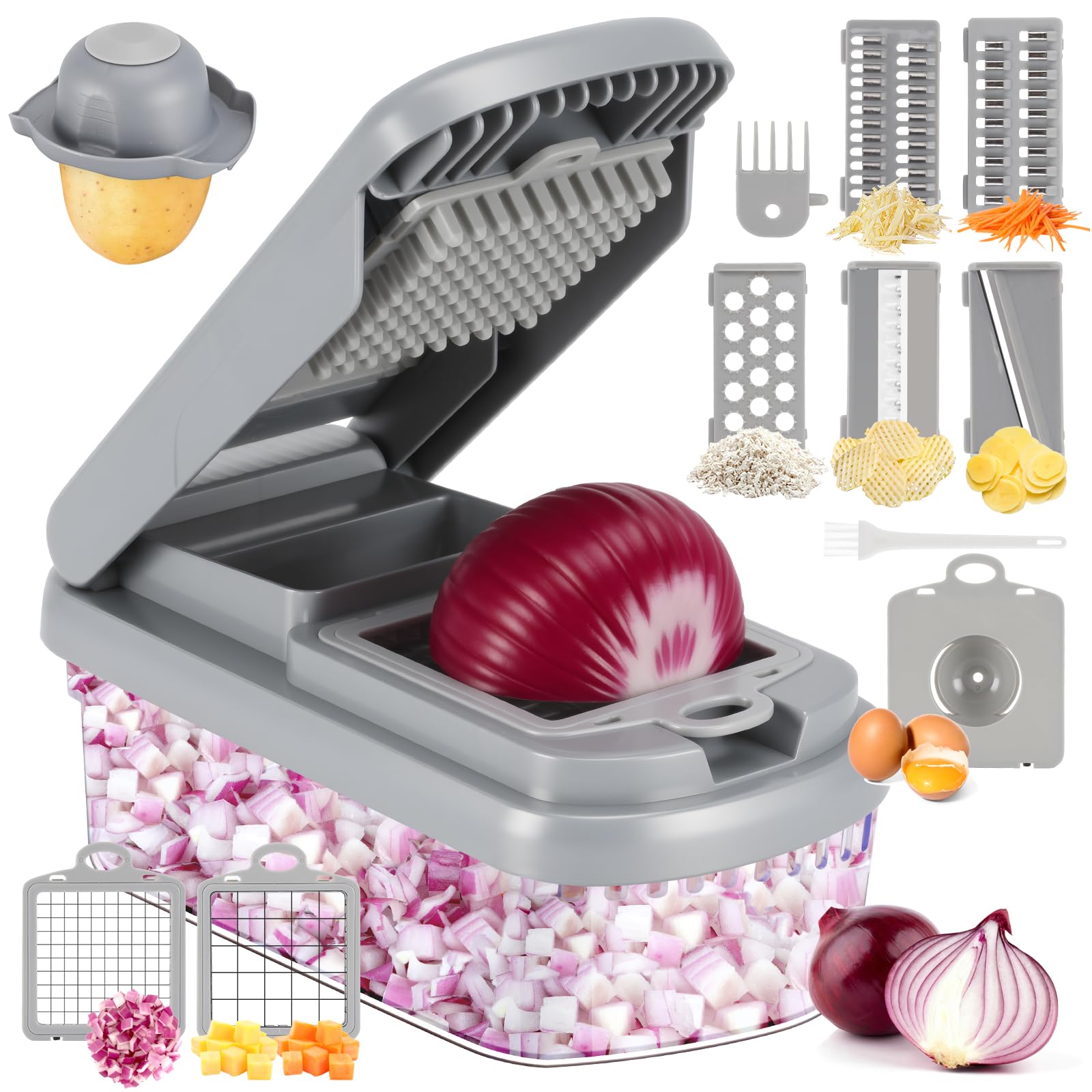 Yusshn Vegetable Chopper,12-in-1 Multifunctional Food Chopper,Professional Onion Chopper with 7 Blades,Vegetable Cutter with Container for Salad,Potato,Carrot,and Garlic; Essential Kitchen Tool(Grey)