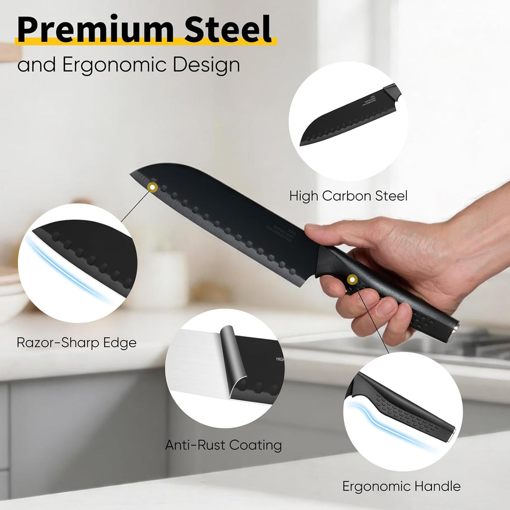 E-far Knife Set, 15-Piece Kitchen Knife Block Set with Sharpener, High Carbon Steel Chef Paring Steak Knives with Ergonomic Non-Slip Handle, Anti-Rust & Razor Sharp, Black