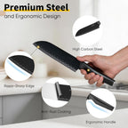 E-far Knife Set, 15-Piece Kitchen Knife Block Set with Sharpener, High Carbon Steel Chef Paring Steak Knives with Ergonomic Non-Slip Handle, Anti-Rust & Razor Sharp, Black