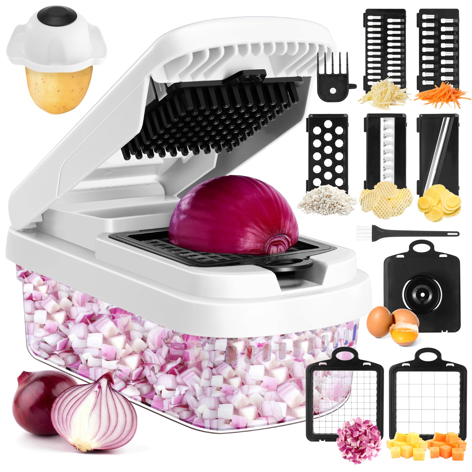 Yusshn Vegetable Chopper,12-in-1 Multifunctional Food Chopper,Professional Onion Chopper with 7 Blades,Vegetable Cutter with Container for Salad,Potato,Carrot,and Garlic; Essential Kitchen Tool(Grey)