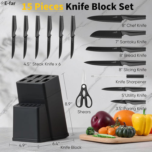 E-far Knife Set, 15-Piece Kitchen Knife Block Set with Sharpener, High Carbon Steel Chef Paring Steak Knives with Ergonomic Non-Slip Handle, Anti-Rust & Razor Sharp, Black