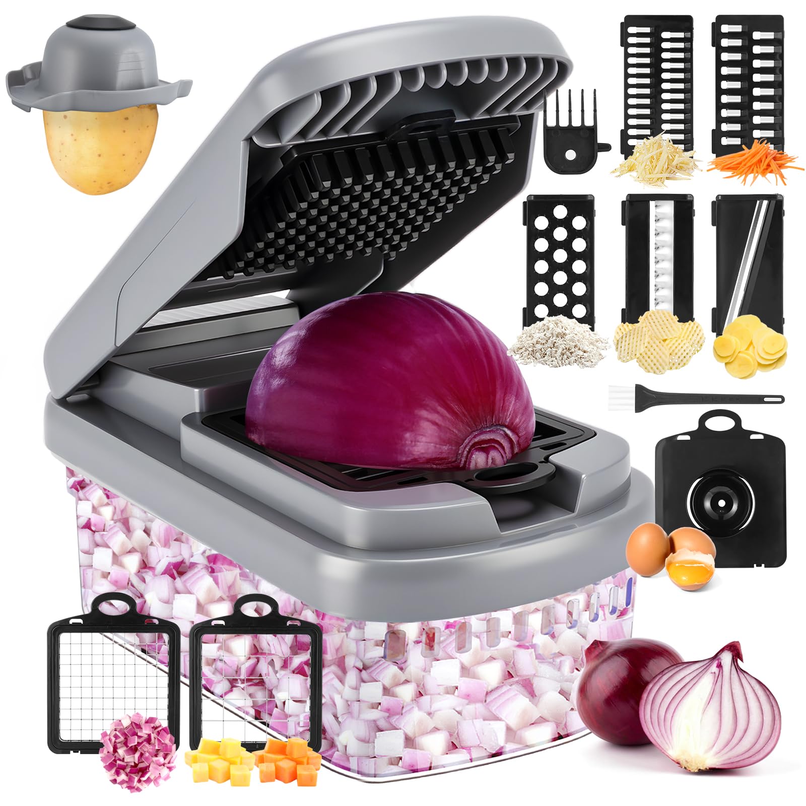 Yusshn Vegetable Chopper,12-in-1 Multifunctional Food Chopper,Professional Onion Chopper with 7 Blades,Vegetable Cutter with Container for Salad,Potato,Carrot,and Garlic; Essential Kitchen Tool(Grey)