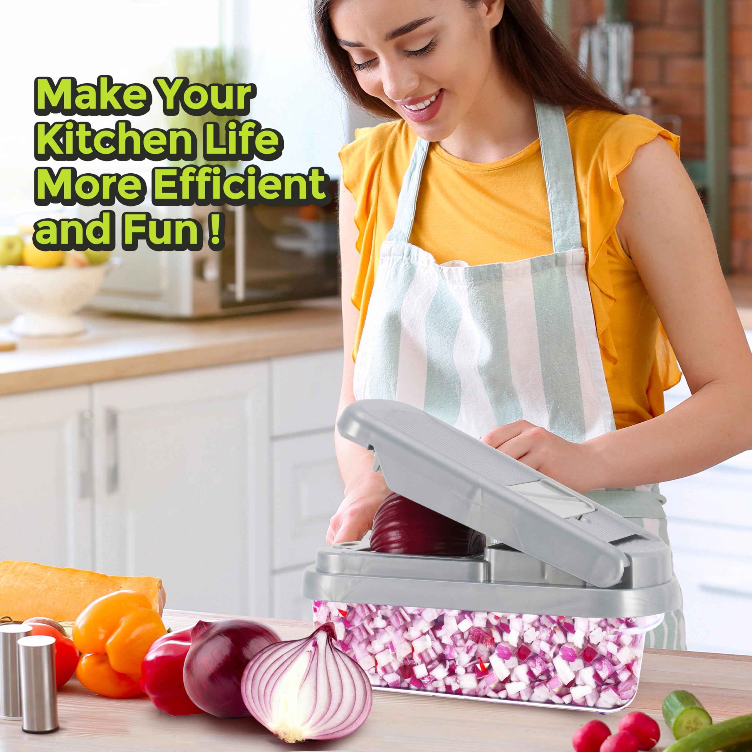 Yusshn Vegetable Chopper,12-in-1 Multifunctional Food Chopper,Professional Onion Chopper with 7 Blades,Vegetable Cutter with Container for Salad,Potato,Carrot,and Garlic; Essential Kitchen Tool(Grey)