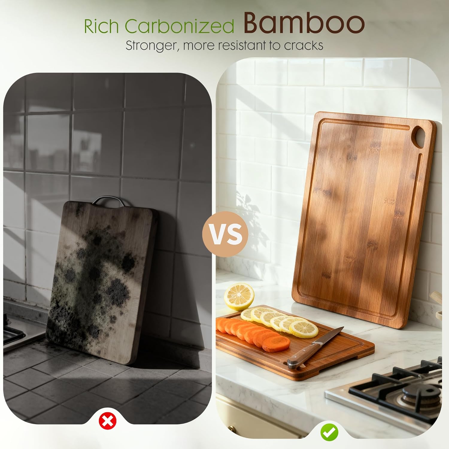 Astercook Deep-Carbonized Bamboo Cutting Boards for Kitchen with Wood Storage Stand, Reversible Charcuterie & Chopping Boards with Juice Grooves and Easy-Grip Handles, Mothers Day Gifts
