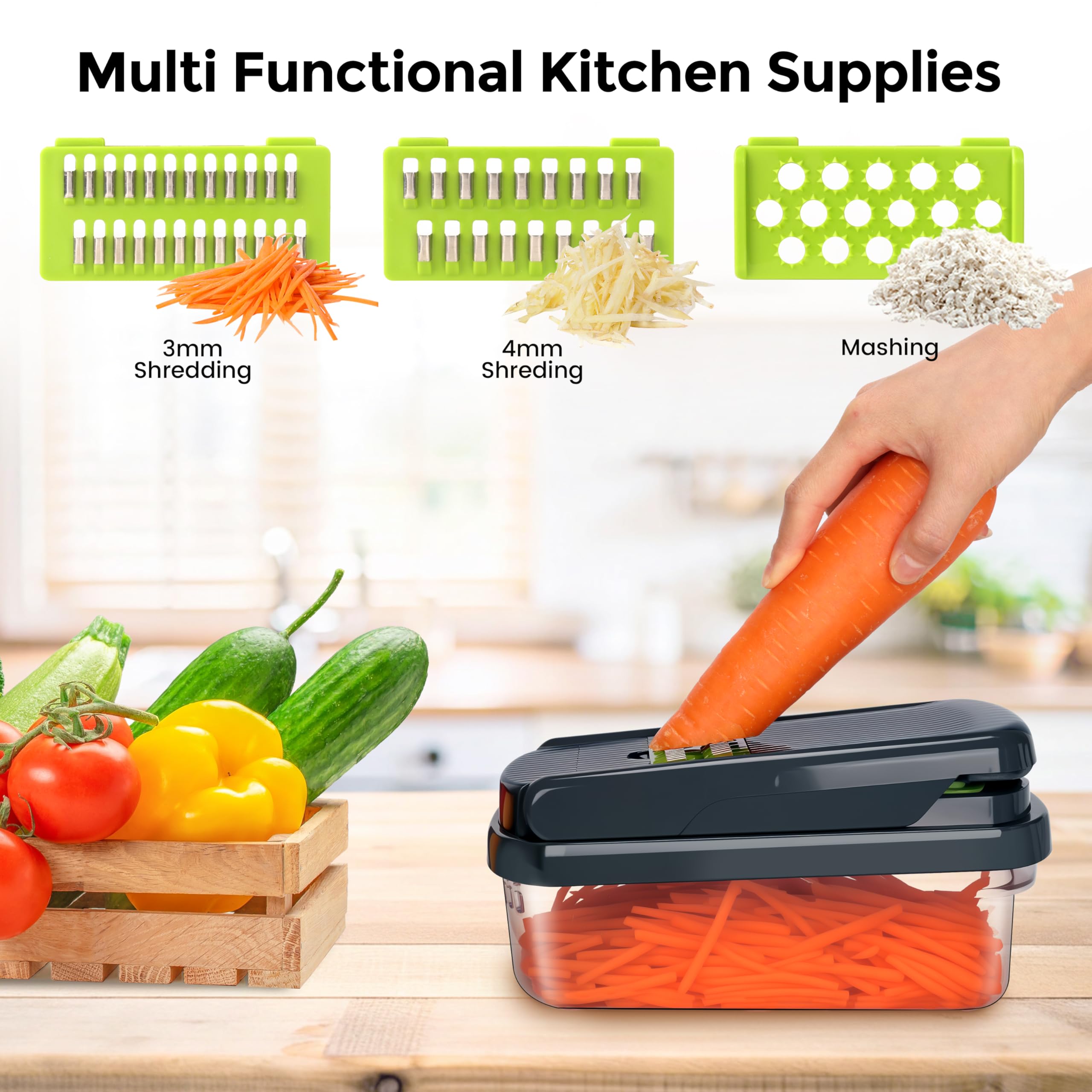 Yusshn Vegetable Chopper,12-in-1 Multifunctional Food Chopper,Professional Onion Chopper with 7 Blades,Vegetable Cutter with Container for Salad,Potato,Carrot,and Garlic; Essential Kitchen Tool(Grey)