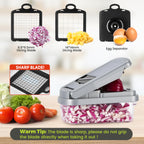 Yusshn Vegetable Chopper,12-in-1 Multifunctional Food Chopper,Professional Onion Chopper with 7 Blades,Vegetable Cutter with Container for Salad,Potato,Carrot,and Garlic; Essential Kitchen Tool(Grey)