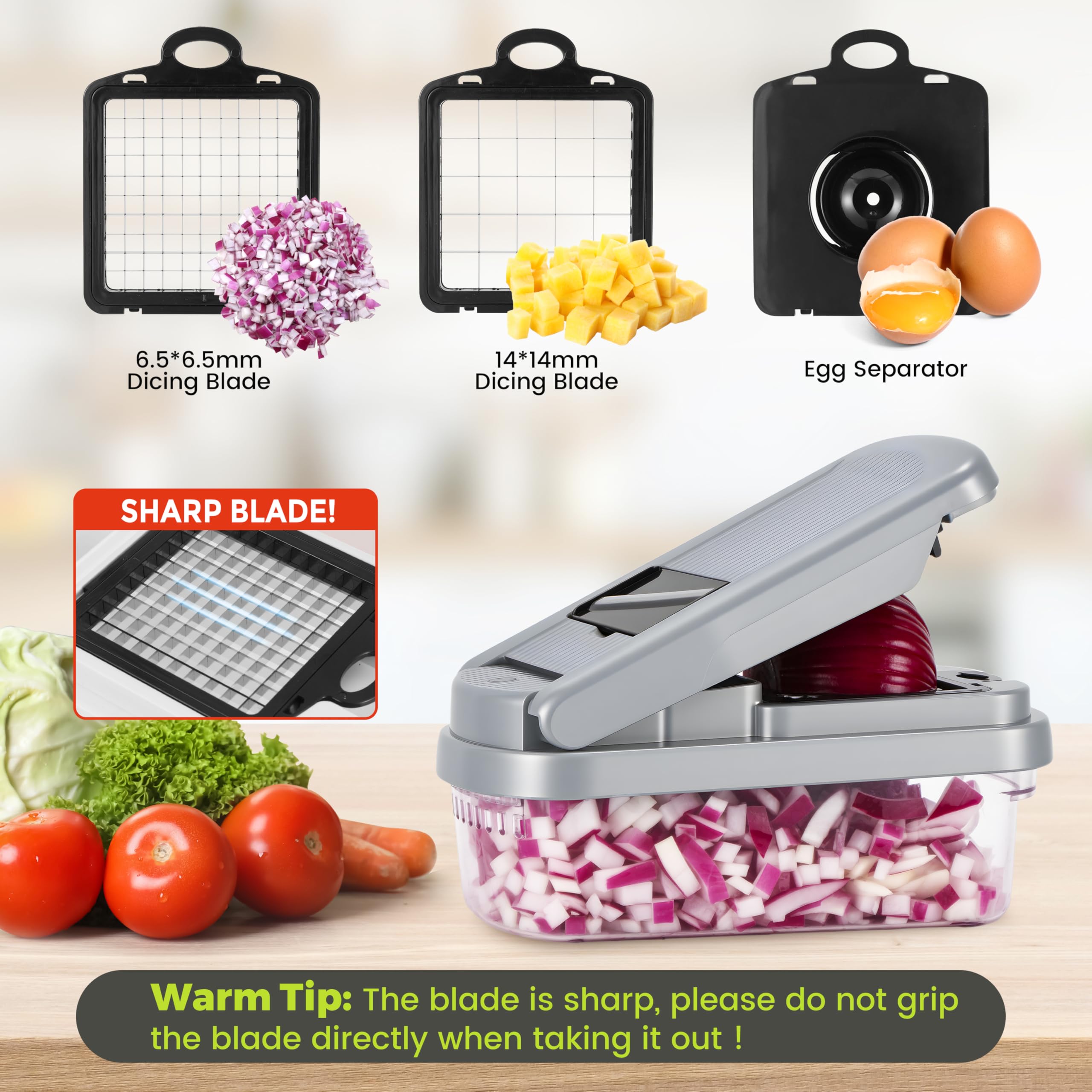 Yusshn Vegetable Chopper,12-in-1 Multifunctional Food Chopper,Professional Onion Chopper with 7 Blades,Vegetable Cutter with Container for Salad,Potato,Carrot,and Garlic; Essential Kitchen Tool(Grey)