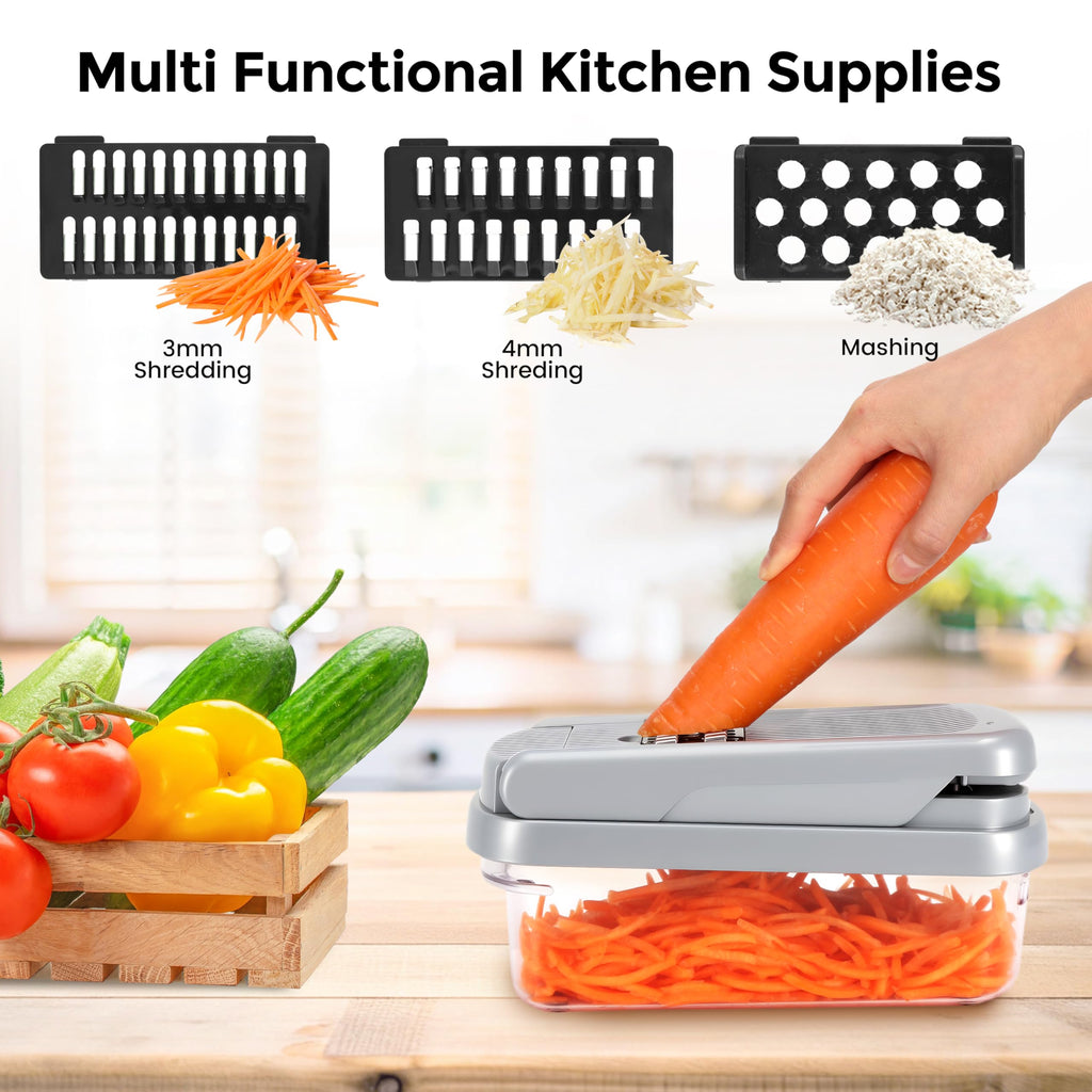 Yusshn Vegetable Chopper,12-in-1 Multifunctional Food Chopper,Professional Onion Chopper with 7 Blades,Vegetable Cutter with Container for Salad,Potato,Carrot,and Garlic; Essential Kitchen Tool(Grey)