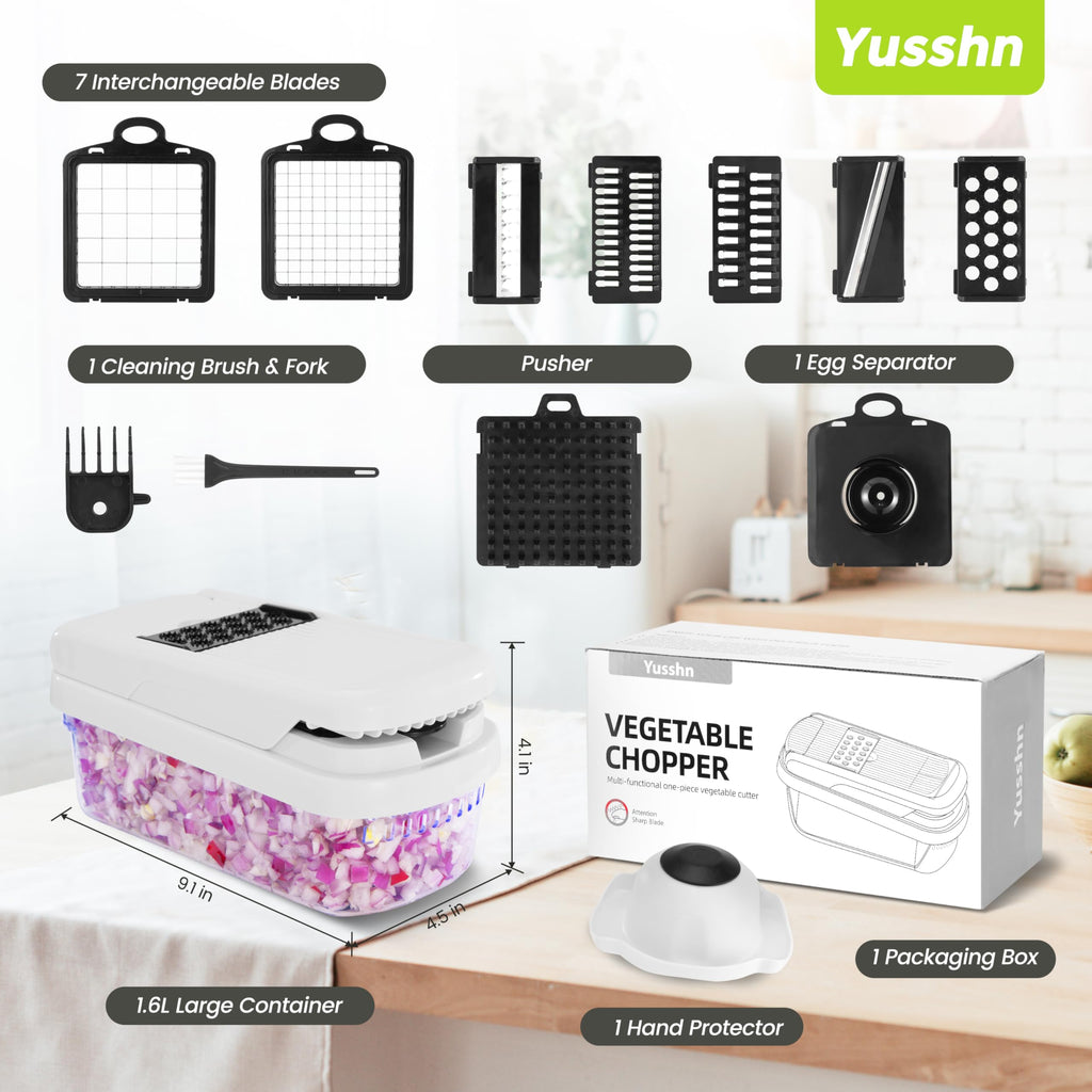 Yusshn Vegetable Chopper,12-in-1 Multifunctional Food Chopper,Professional Onion Chopper with 7 Blades,Vegetable Cutter with Container for Salad,Potato,Carrot,and Garlic; Essential Kitchen Tool(Grey)