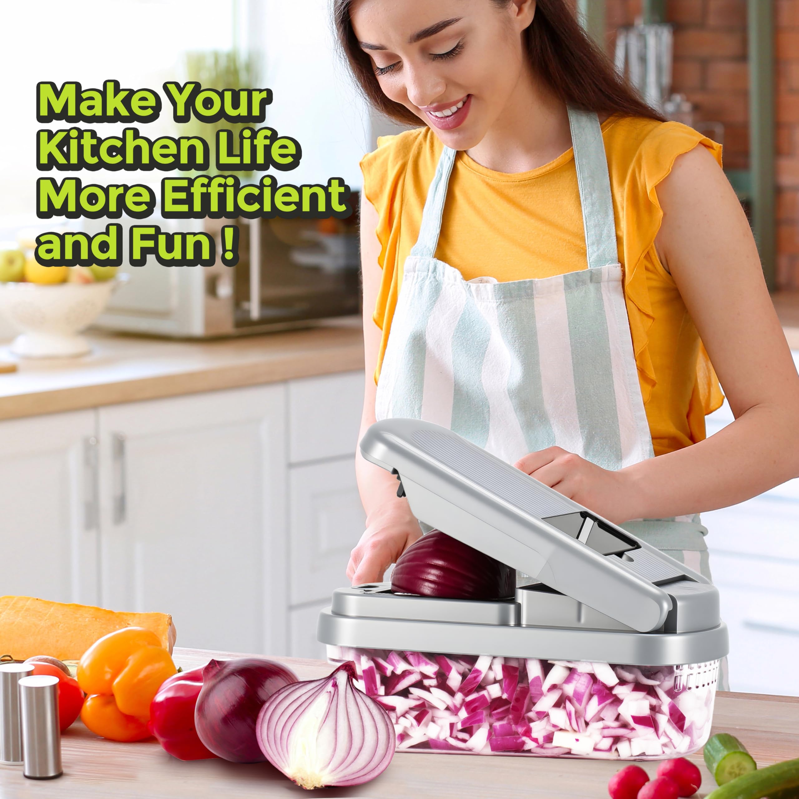 Yusshn Vegetable Chopper,12-in-1 Multifunctional Food Chopper,Professional Onion Chopper with 7 Blades,Vegetable Cutter with Container for Salad,Potato,Carrot,and Garlic; Essential Kitchen Tool(Grey)