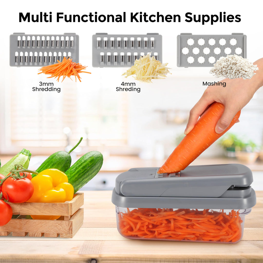 Yusshn Vegetable Chopper,12-in-1 Multifunctional Food Chopper,Professional Onion Chopper with 7 Blades,Vegetable Cutter with Container for Salad,Potato,Carrot,and Garlic; Essential Kitchen Tool(Grey)