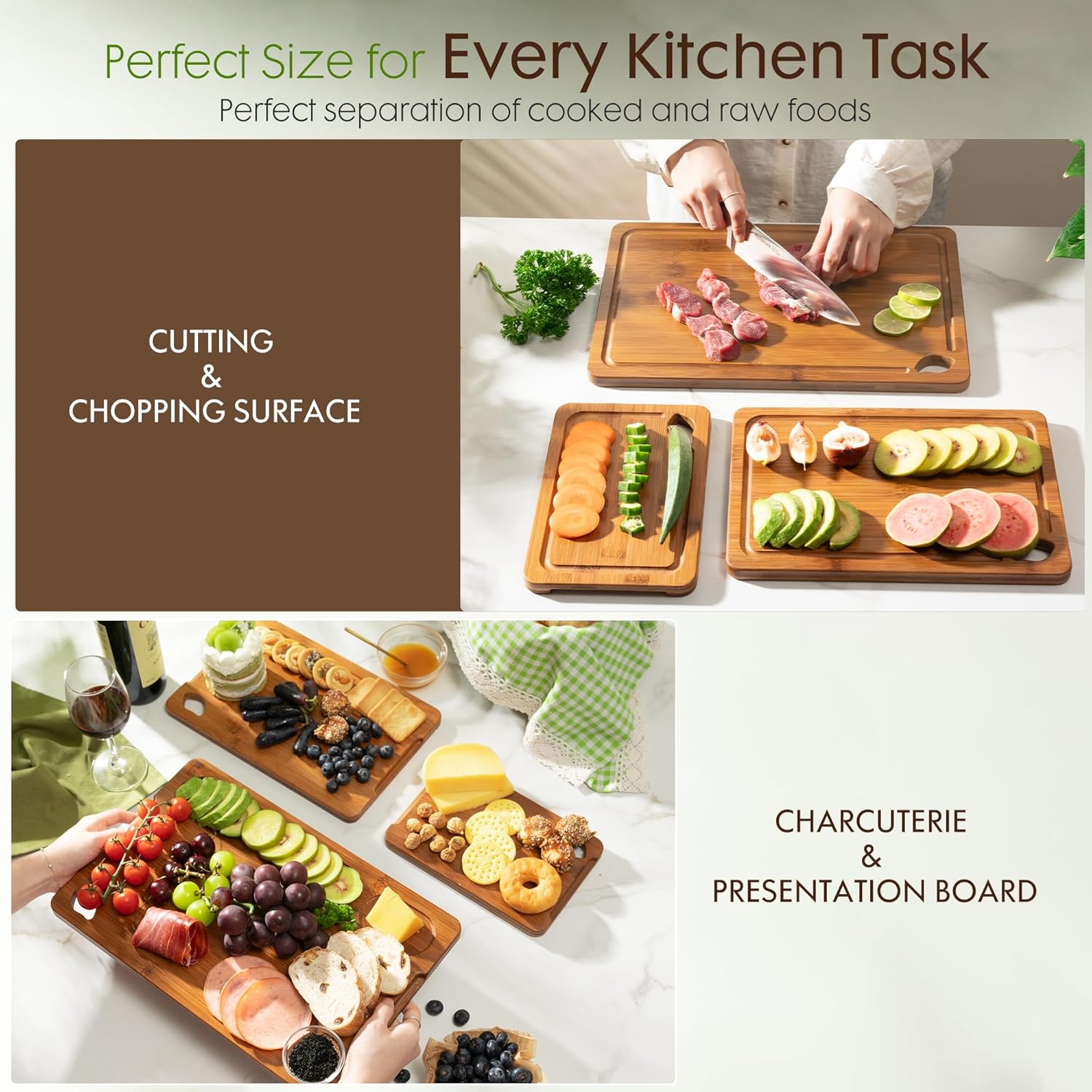 Astercook Deep-Carbonized Bamboo Cutting Boards for Kitchen with Wood Storage Stand, Reversible Charcuterie & Chopping Boards with Juice Grooves and Easy-Grip Handles, Mothers Day Gifts