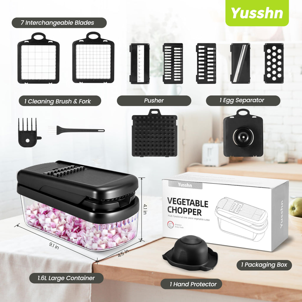 Yusshn Vegetable Chopper,12-in-1 Multifunctional Food Chopper,Professional Onion Chopper with 7 Blades,Vegetable Cutter with Container for Salad,Potato,Carrot,and Garlic; Essential Kitchen Tool(Grey)