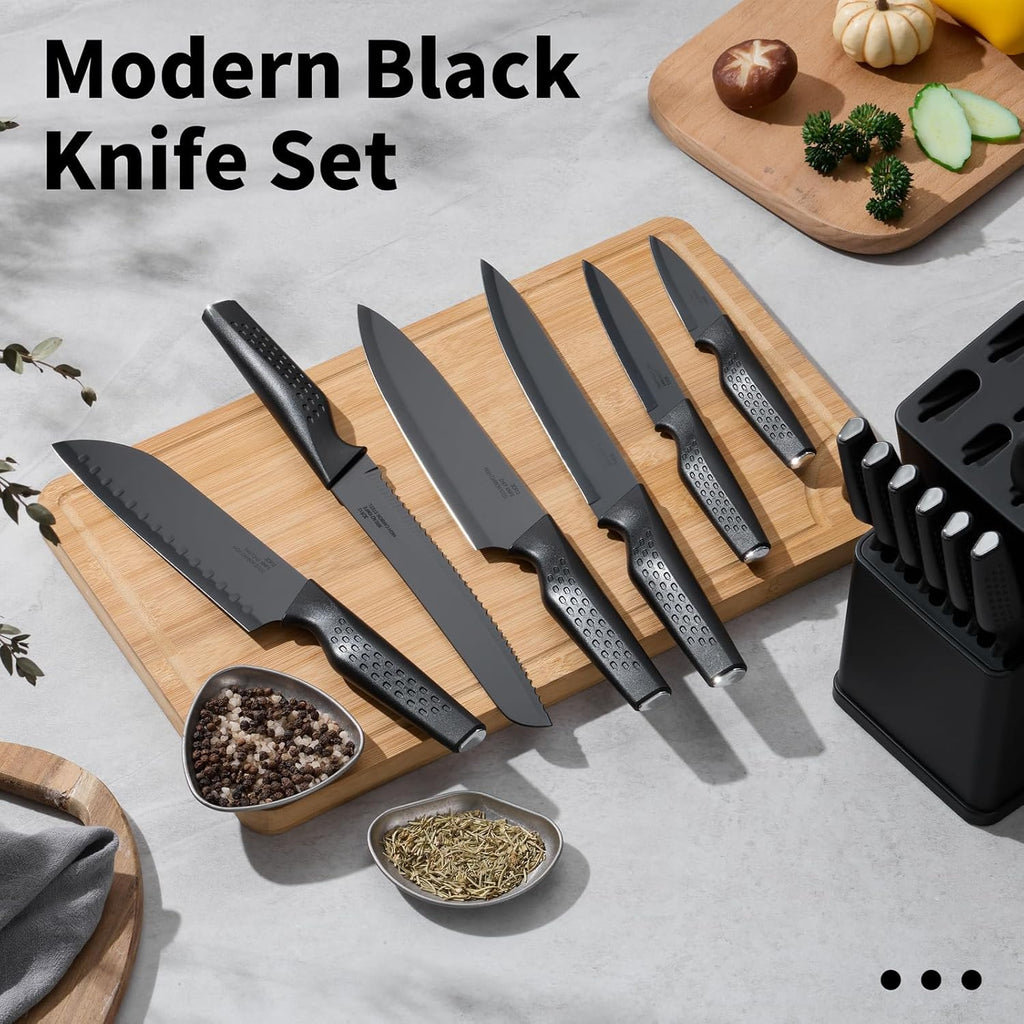 E-far Knife Set, 15-Piece Kitchen Knife Block Set with Sharpener, High Carbon Steel Chef Paring Steak Knives with Ergonomic Non-Slip Handle, Anti-Rust & Razor Sharp, Black
