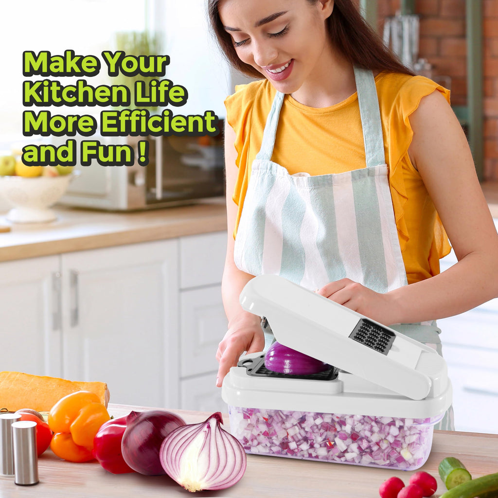 Yusshn Vegetable Chopper,12-in-1 Multifunctional Food Chopper,Professional Onion Chopper with 7 Blades,Vegetable Cutter with Container for Salad,Potato,Carrot,and Garlic; Essential Kitchen Tool(Grey)