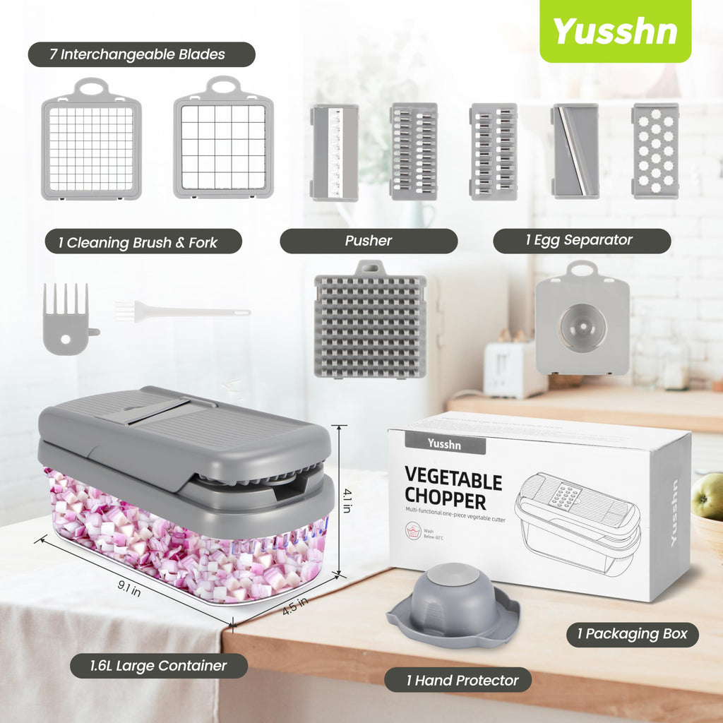 Yusshn Vegetable Chopper,12-in-1 Multifunctional Food Chopper,Professional Onion Chopper with 7 Blades,Vegetable Cutter with Container for Salad,Potato,Carrot,and Garlic; Essential Kitchen Tool(Grey)