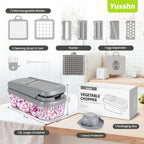 Yusshn Vegetable Chopper,12-in-1 Multifunctional Food Chopper,Professional Onion Chopper with 7 Blades,Vegetable Cutter with Container for Salad,Potato,Carrot,and Garlic; Essential Kitchen Tool(Grey)