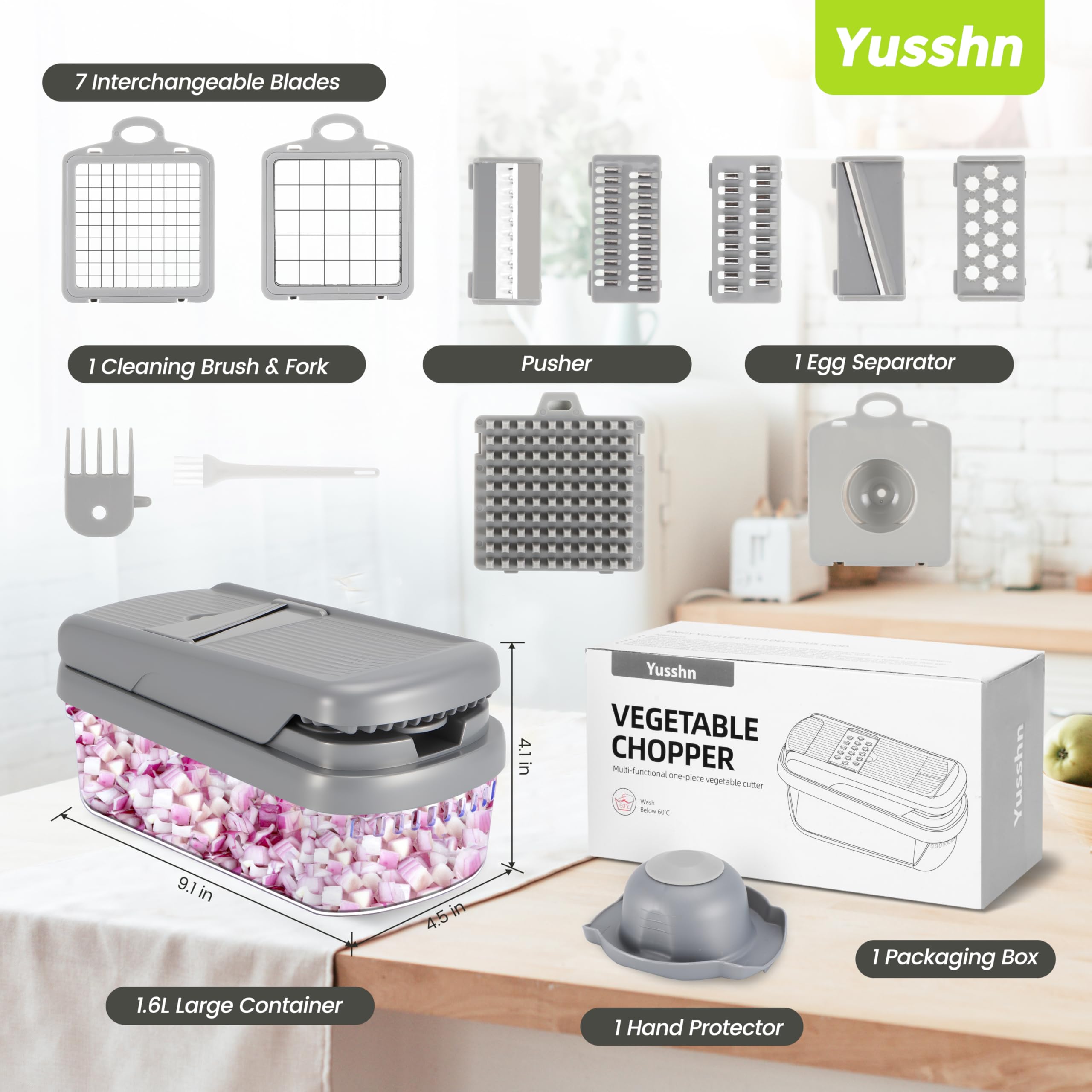 Yusshn Vegetable Chopper,12-in-1 Multifunctional Food Chopper,Professional Onion Chopper with 7 Blades,Vegetable Cutter with Container for Salad,Potato,Carrot,and Garlic; Essential Kitchen Tool(Grey)