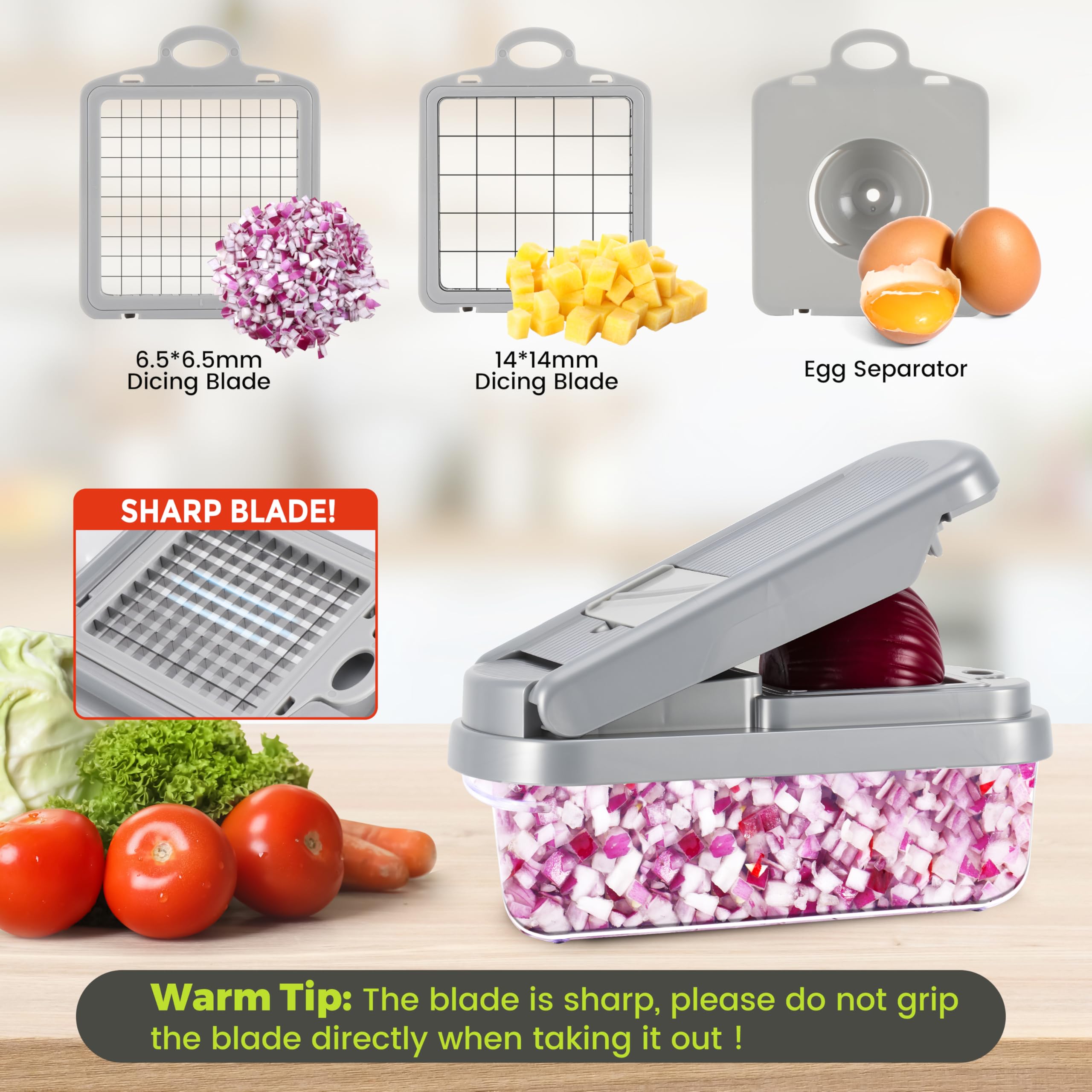 Yusshn Vegetable Chopper,12-in-1 Multifunctional Food Chopper,Professional Onion Chopper with 7 Blades,Vegetable Cutter with Container for Salad,Potato,Carrot,and Garlic; Essential Kitchen Tool(Grey)
