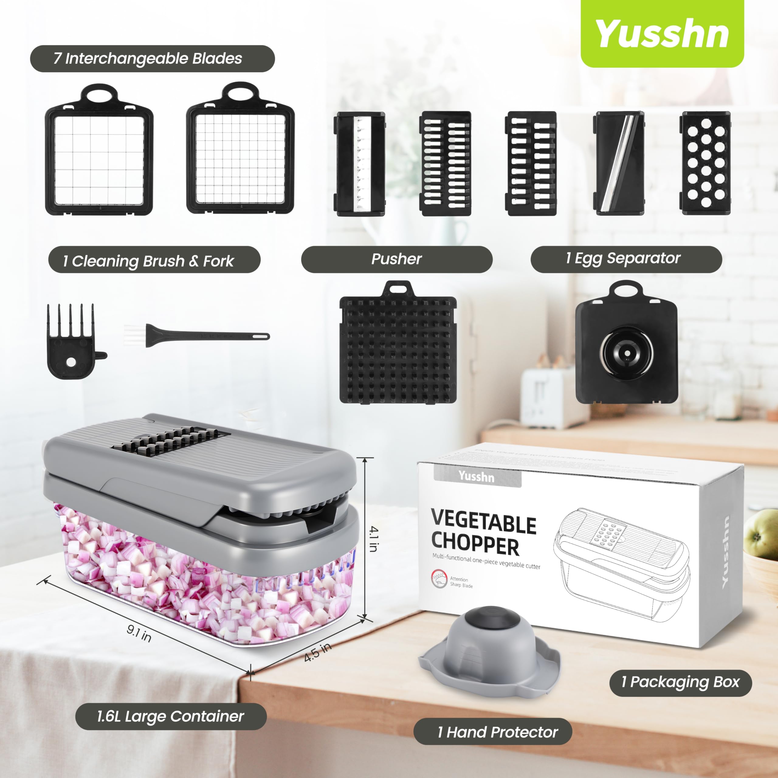 Yusshn Vegetable Chopper,12-in-1 Multifunctional Food Chopper,Professional Onion Chopper with 7 Blades,Vegetable Cutter with Container for Salad,Potato,Carrot,and Garlic; Essential Kitchen Tool(Grey)