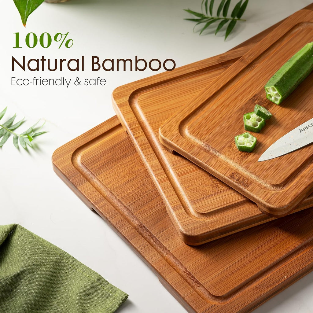 Astercook Deep-Carbonized Bamboo Cutting Boards for Kitchen with Wood Storage Stand, Reversible Charcuterie & Chopping Boards with Juice Grooves and Easy-Grip Handles, Mothers Day Gifts