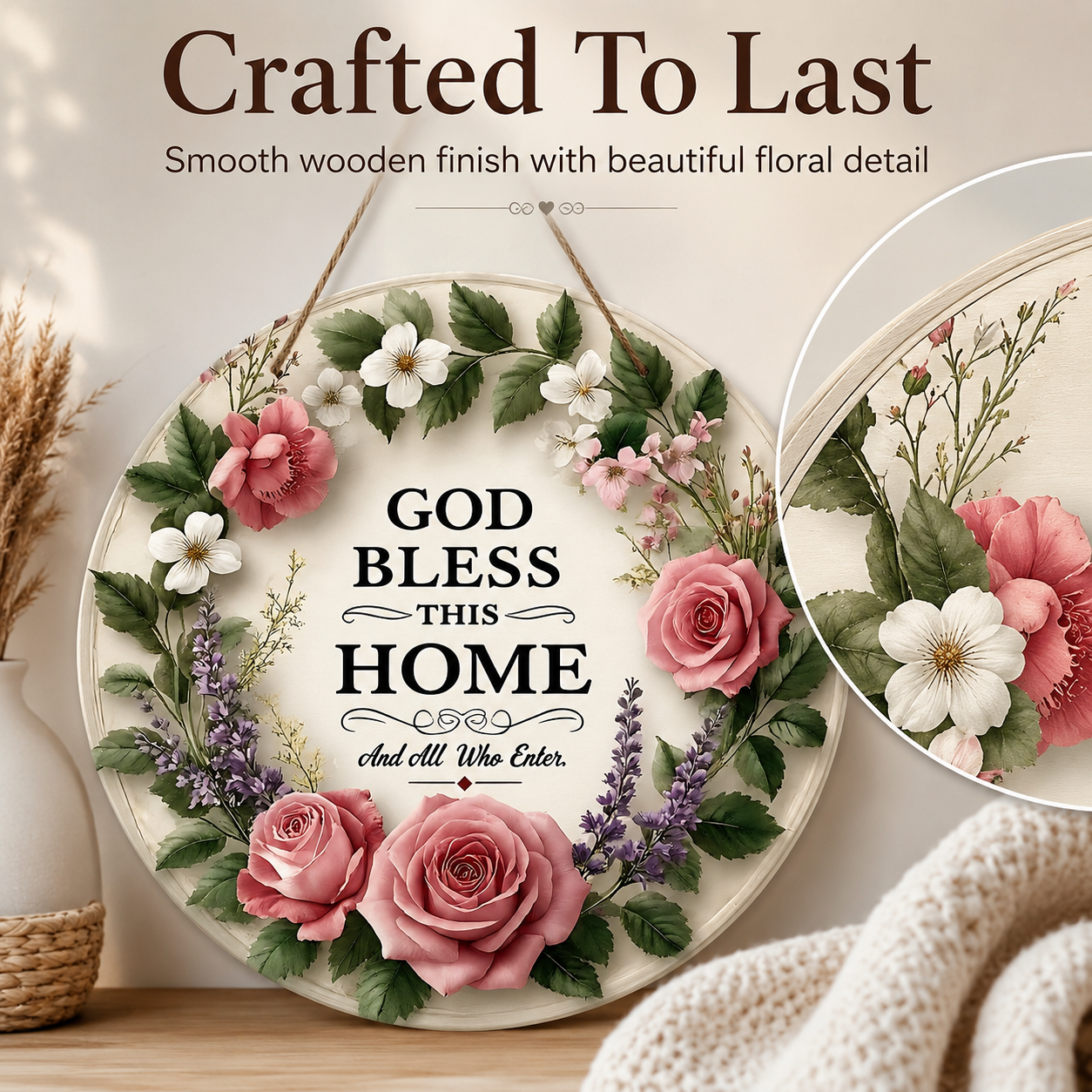 [Father's Day Gift] "God Bless This Home" Round Wooden Sign, Wreath Wall Decoration, Farmhouse Style Front Door Hanging, Inspirational Home Decor, Christian Welcome Sign, Suitable for Porch, Living Room, Housewarming Gift