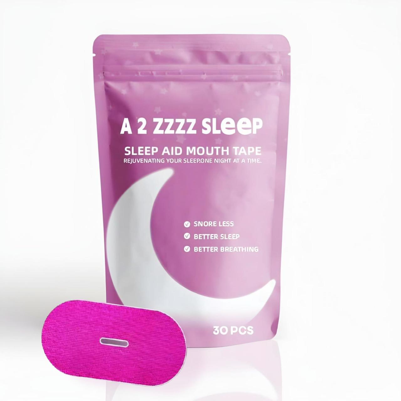 Pink packaging of A 2 ZZZZ Sleep Aid Mouth Tape with a small pink mouth tape strip on a white background.