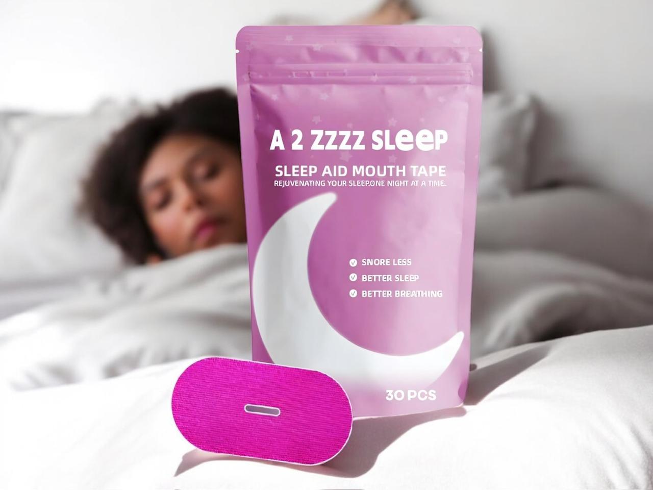 Purple packaging of A2 ZZZZ Sleep Aid Mouth Tape with a person lying in bed in the background.